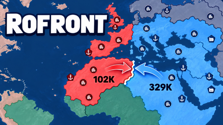 Official RoFront artwork showing red and blue nations, city and port markers on a world map